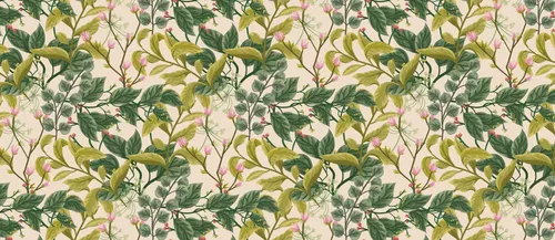 паттерн, листья, цветы, узор, бежевые, зелёные, розовые