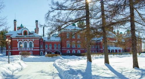 дом, зима, город, деревья, красные, коричневые, черные, белые