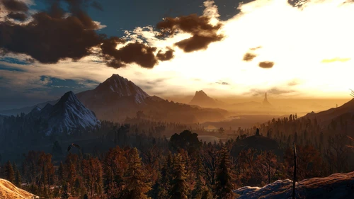 небо, облака, горы, лес, деревья, холмы, камни, белые, коричневые