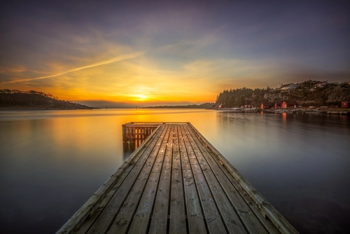 причал, озеро, природа, закат, норвегия, желтые, серые