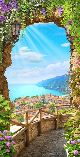 арка, город, дом, дома, фонарь, цветы, кашпо, растения, растительность, зеленые, голубые