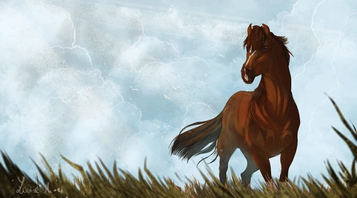 лошадь, мультфильм, детские, поле, зеленые, голубые, коричневые