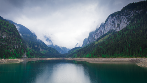 озеро, природа, горы, туман, облака, зеленые, белые