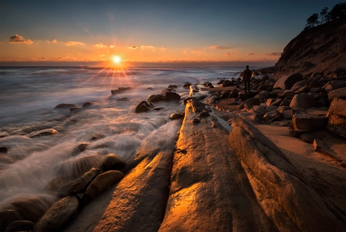 пляж, камни, скалы, закат, коричневые, желтые, синие