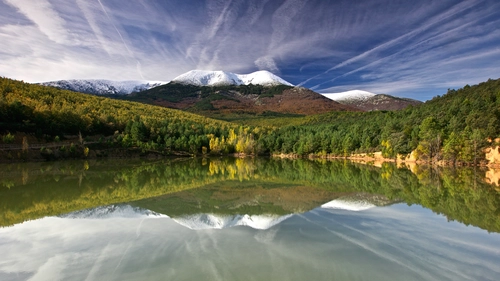 лес, дорога, горы, синие, зеленые, отражение