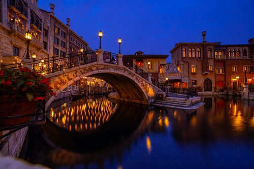 ночь, мост, город, япония, бежевые, коричневые, желтые, синие