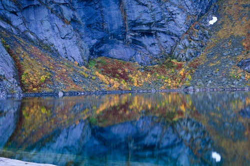 горы, гора, озеро, пруд, отражение, голубые, осень, серые, желтые, оранжевые