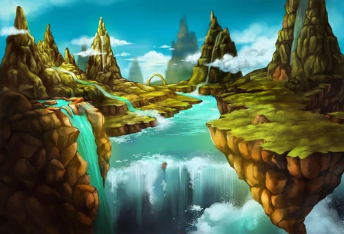 горы, скалы, водопад, фэнтези, картина, арт, голубые, коричневые, зеленые