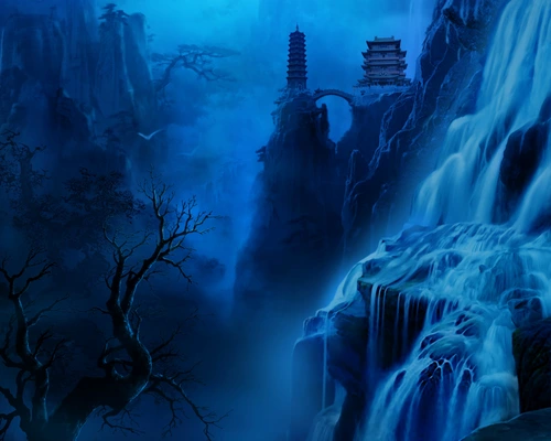 горы, скала, водопад, фантастика, черные, синие