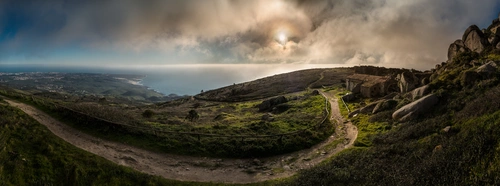 дорога, природа, холмы, серые, черные, зеленые, панорама