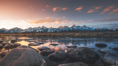 небо, горы, река, камни, трава, серые, коричневые