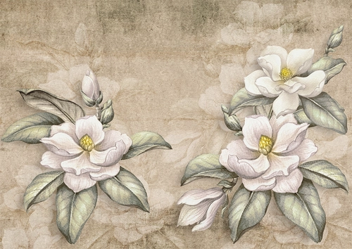 рисунок, цветы, листья, лепестки, бутоны, бежевые, зелёные