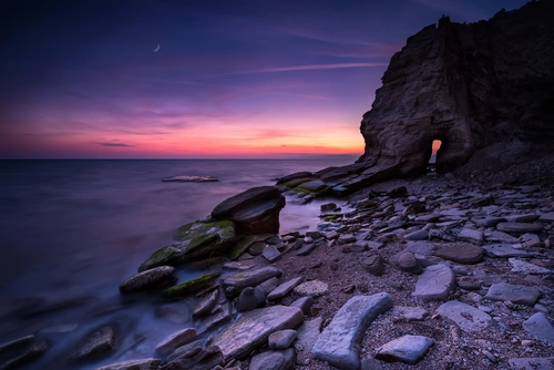 камни, берег, океан, закат, розовые, фиолетовые