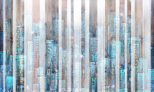 рисунок, дома, небоскрёбы, небо, окна, голубые, бежевые