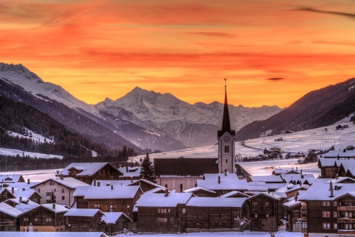 горы, природа, город, зима, оранжевые, белые, швейцария 