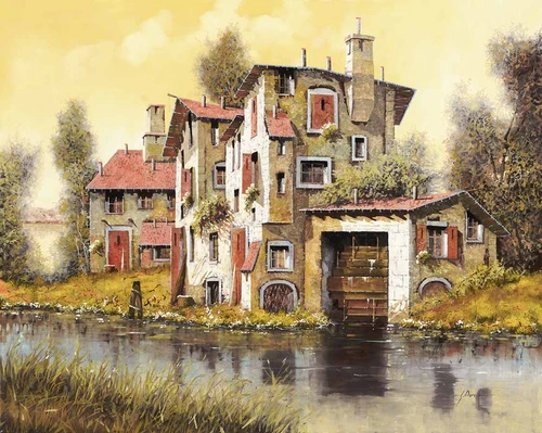 город, дом, дома, улица, окно, окна, цветы, кашпо, растения, растительность, фонарь, гора, горы, желтые, зеленые, оранжевые