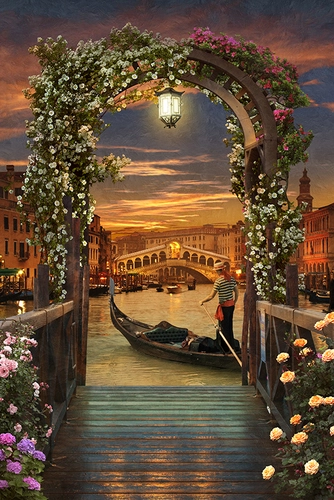 арка, лодка, пирс, берег, набережная, город, Венеция, мост, цветы, фонарь, человек, зелень, растительность, зеленые, синие, оранжевые 