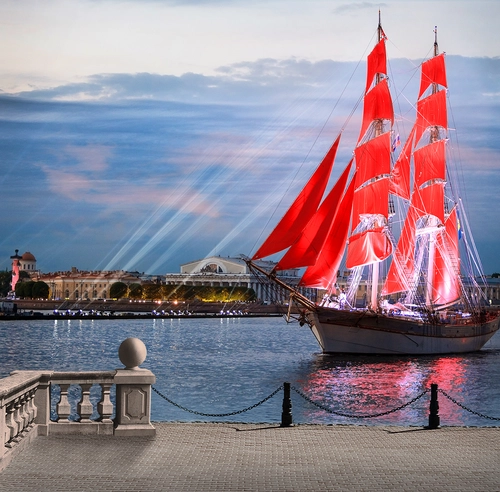 река, причал, корабль, небо, дома, берег, голубые, красные, серые