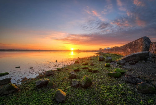 небо, горизонт, закат, море, камни, берег, трава, голубые, зелёные