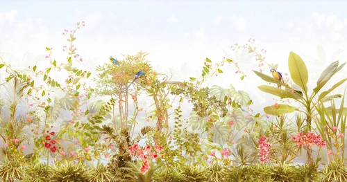 растения, цветы, трава, небо, птицы, зелёные, голубые