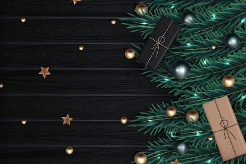 ветвь, подарки, ель, зеленые, черные, коричневые