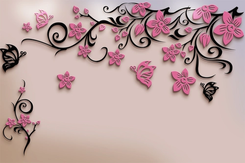 рисунок, растения, цветы, бабочки, узоры, лепестки, розовые, чёрные