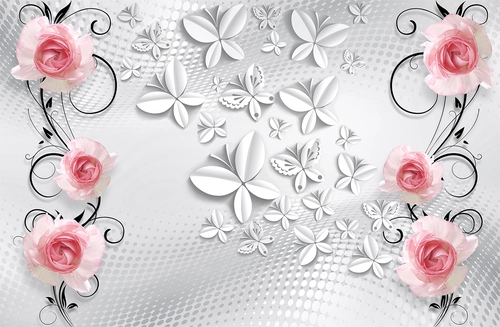 цветы, розы, растения, бабочки, узоры, белые, розовые