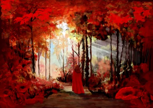 картина, женщина, лес, деревья, красные, желтые, черные, живопись