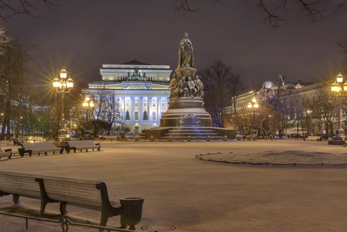 зима, город, фонарь, площадь, статуя, синие, желтые