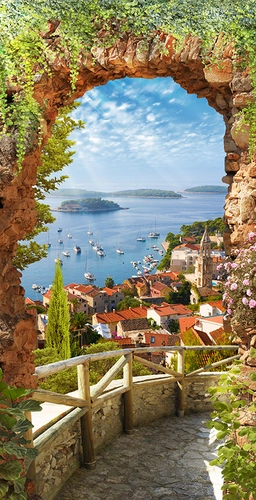 арка, море, вода, река, лодка, лодки, дом, дома, церковь, зелень, растительность, бежевые, голубые, оранжевые