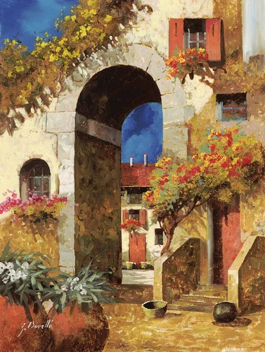 арка, дом, дома, деревья, цветы, синие, оранжевые