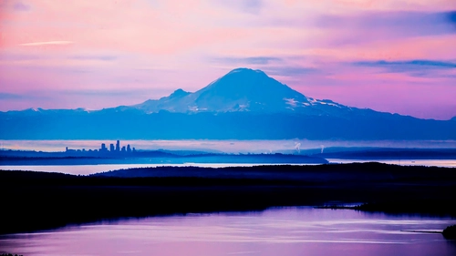 вечер, река, гора, силуэт, черные, розовые, голубые