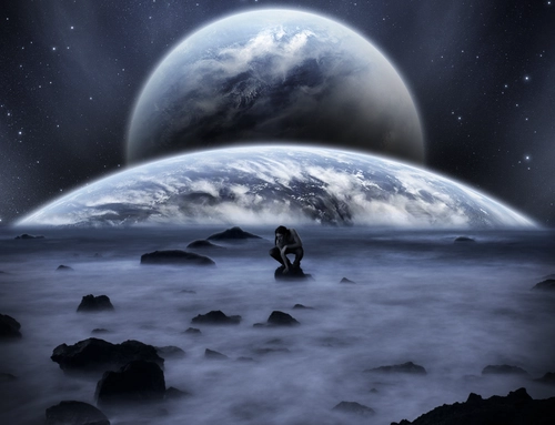 туман, камни, планета, черные, серые, голубые, синие