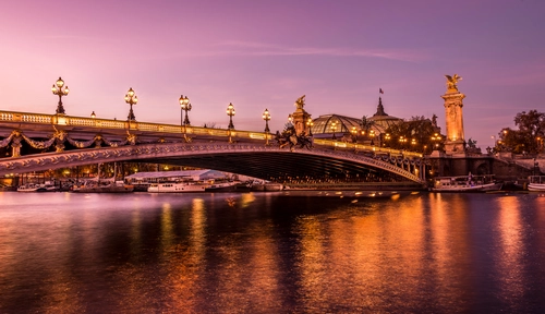 вечер, огни, франция, мост, желтые, фиолетовые