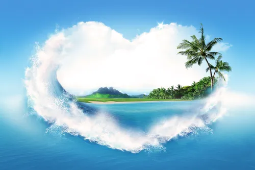 волны, пляж, остров, синие, зеленые, белые