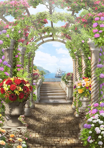 арка, цветы, море, вода, корабль, кашпо, зеленые, бежевые, голубые
