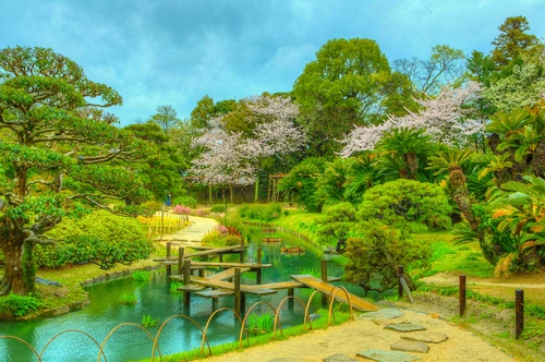 сад, парк, река, мост, япония, зеленые, синие, желтые