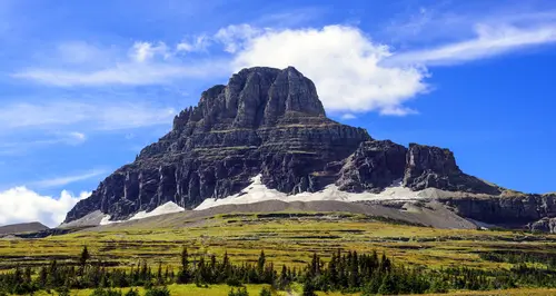 небо, облака, гора, скалы, равнина, деревья, голубые, коричневые, зелёные