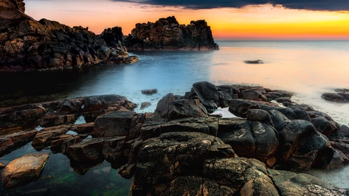 вода, океан, скалы, камни, закат, оранжевые, коричневые, бирюзовые