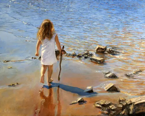 девочка, камни, пляж, песок, берег, волны, картина, живопись, коричневые, бежевые, синие