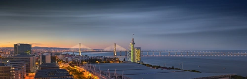 город, вечер, панорама, фиолетовые, желтые, синие