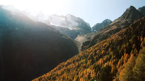 пейзаж, природа, горы, небо, деревья, лес, снег