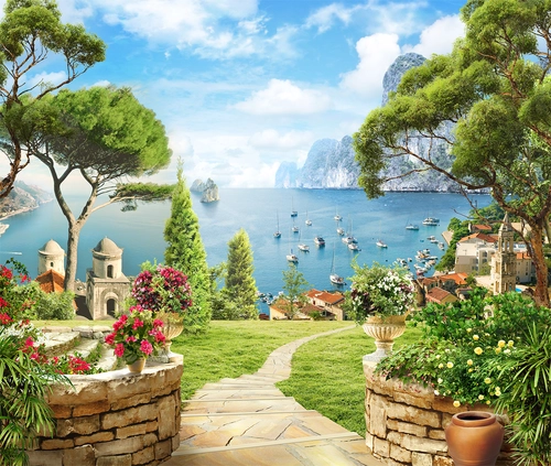 лестница, деревья, цветы, голубые, синие, коричневые, зеленые, HD