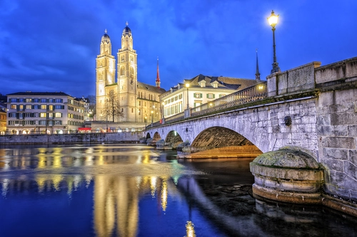 река, город, природа, швейцария, вечер, желтые, синие