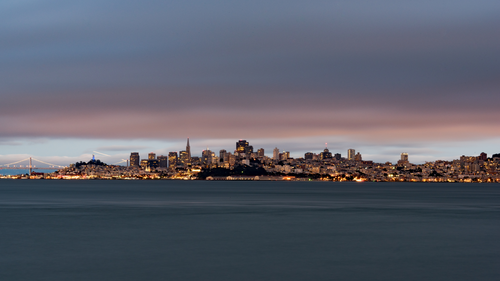 город, океан, огни, горизонт, синие, темные, желтые