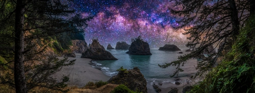 ночь, пляж, берег, камни, черные, фиолетовые, зеленые, коричневые, панорама