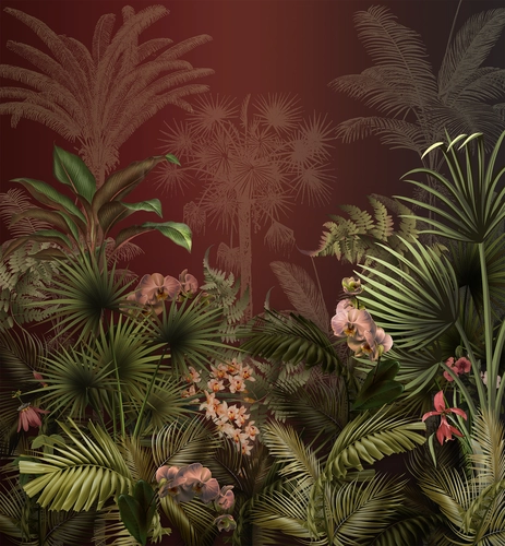 тропики, растения, цветы, трава, пальмы, красные, зелёные