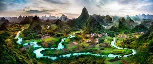 горы, поля, деревня, зеленые, серые, река, природа