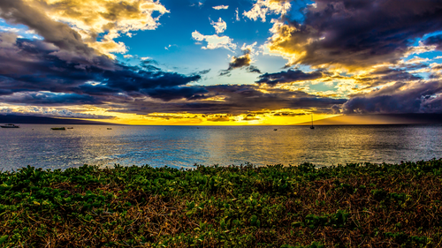 облака, тучи, вода, водоём, желтые, синие, белые