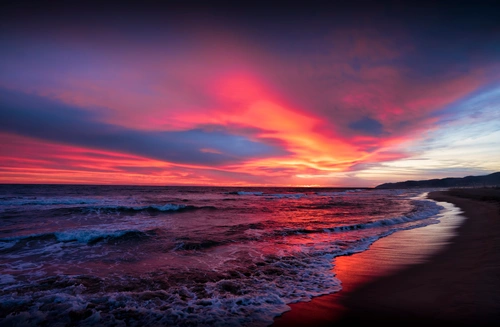 Море, побережье, небо, закат, фиолетовые, красные